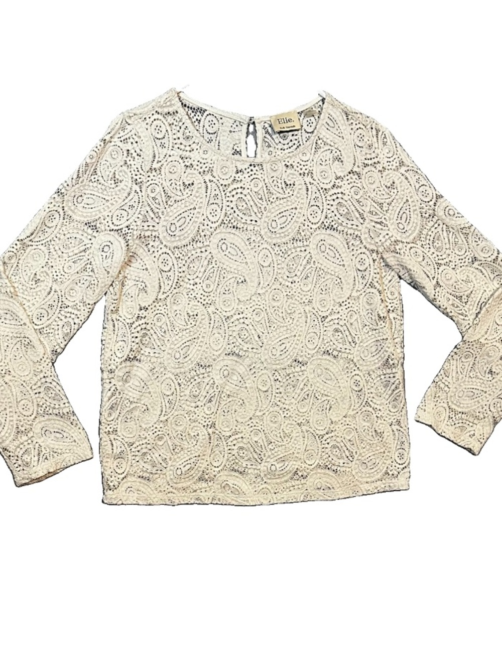 Elie. By Elie Tahari Ivory Lace Crochet Paisley Sheer Long Sleeve Top Size M